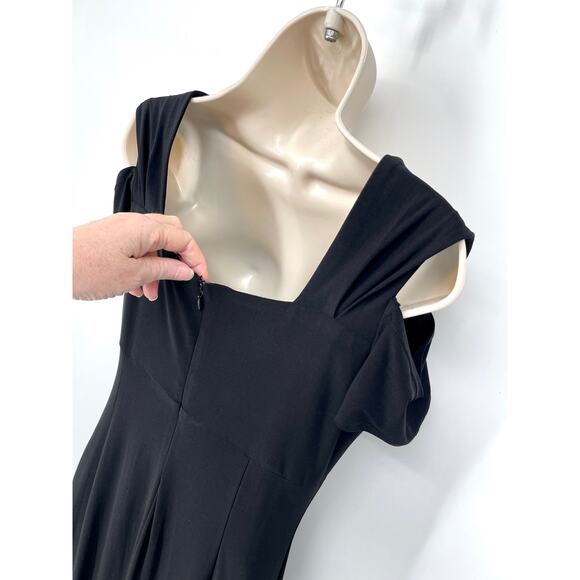 R & M Richards Cold Shoulder Rhinestone Brooch Gown Maxi Dress Sz 6 Black Split - Picture 8 of 13